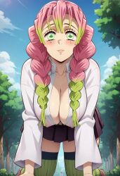 ai_generated artistonly bare_legs big_breasts braided_ponytail demon_slayer erect_nipples green_eyes huge_breasts huge_thighs kanroji_mitsuri kimetsu_no_yaiba light-skinned_female light_skin looking_at_viewer massive_breasts miniskirt multicolored_hair nipples_visible_through_clothing pink_hair shounen_jump solo_female stockings thick_body thick_female thick_thighs thighs voluptuous voluptuous_female