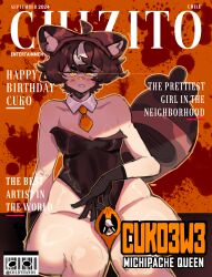 animal_ears black_gloves brown_hair chizito coldy_hands cuko3w3 leotard magazine magazine_cover object_between_thighs raccoon_ears raccoon_tail short_hair small_breasts thick_thighs virtual_youtuber vtuber