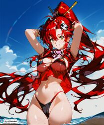 ai_generated arms_up bikini cameltoe cropped_shirt female gold_eyes hands_behind_head long_hair midriff minokai ponytail red_hair see-through_clothing standing tengen_toppa_gurren_lagann yoko_littner