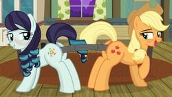 2016 anus applejack_(mlp) ass biting_lip blonde_hair blush coloratura_(mlp) cowboy_hat cutie_mark dildo duo earth_pony equine female feral feral_on_feral freckles friendship_is_magic hair hat hi_res horse inside mammal multicolored_hair my_little_pony penetration pony pussy raised_tail sex sex_toy shutterflyeqd smile vaginal_penetration vaginal_penetration window