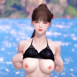 1girls ai_generated beach bra brown_hair flashing lost_ark sea sweat sweatdrop