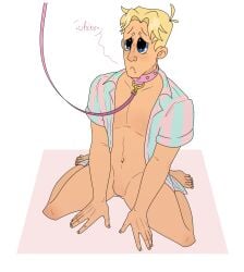 barbie_(2023) barbie_(franchise) barbie_doll_anatomy blonde_hair blue_eyes gendersuspender ken_carson ken_doll ken_doll_anatomy leash leash_and_collar null null_bulge only_shirt puppy_dog_eyes puppy_eyes shirt_open whimper whimpering