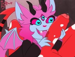 3_eyes absurd_res anthro bat bat_wings big_penis blitzo_(helluva_boss) blue_eyes bodily_fluids clothing demon duo emberlynn_pinkle emberlynn_pinkle_(demon_form) female foreskin fur genital_fluids genitals grey_body grey_fur hair heart_eyes heart_symbol helluva_boss hi_res hoodie horn imp male male/female mammal membrane_(anatomy) membranous_wings mottled mottled_body multi_eye oral penis piebald piebald_body pink_hair pink_sclera precum red_body red_skin saliva sinnabunny size_difference small_wings succubus tongue topwear white_body white_skin wings