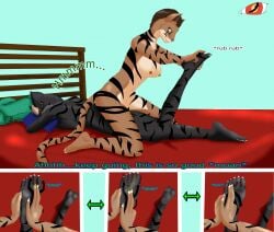 anthro bed blackreaper_bk201 extreme_size_difference feet felid female foot_focus furniture group hi_res humanoid_feet khajiit knuddelt_baeren macro male mammal massage micro microsoft pinup plantigrade pose pressed_against prone_position schnurrt_beim_knuddeln sit_on_person sitting_on size_difference stripes the_elder_scrolls trio