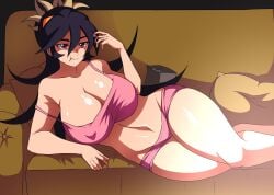 1girls big_ass big_breasts blush bulge eating erect_nipples female filia_(skullgirls) nipples pijama skullgirls thick_thighs tobyllitos