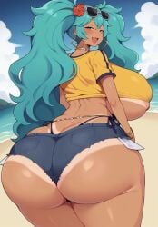 ai_generated areolae_visible_through_clothing ass_bigger_than_head back_view backboob bare_legs beach big_ass big_butt blue_eyes blue_hair brazil brazilian brazilian_female brazilian_miku earrings fat_ass flower_in_hair gigantic_ass gigantic_breasts hatsune_miku huge_breasts huge_thighs long_hair looking_back massive_ass massive_breasts milkersenjoyer short_shorts smiling solo_female squatting sunglasses sunglasses_on_head sweat sweatdrop t-shirt tan-skinned_female tan_body tanned_female tanned_skin thick_body thick_female thick_thighs thighs thighs_bigger_than_head twintails very_long_hair vocaloid voluptuous voluptuous_female