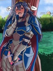 1girls armor blue_eyes blue_hair blush cape female fire_emblem fire_emblem_awakening fire_emblem_heroes hiding_behind_tree horny_female kiran_(fire_emblem) lucina_(fate's_resolve)_(fire_emblem) lucina_(fire_emblem) masturbation mnejing moaning nintendo open_mouth outdoors public_masturbation thigh_window tiara tree