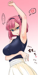 10s arm_under_breasts armpits arms_up breasts clothing cum cum_on_armpit disgusted eyebrows_visible_through_hair female fully_clothed hasemi_ryou high-waist_skirt large_breasts looking_at_viewer mochizuki_momiji new_game! sleeveless sleeveless_shirt tagme