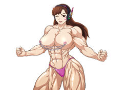 abs big_muscles breasts brown_eyes brown_hair chains d.va extreme_muscles female female_only large_breasts muscles muscular muscular_female nipples overwatch solo thick_thighs thong tireimisu wink