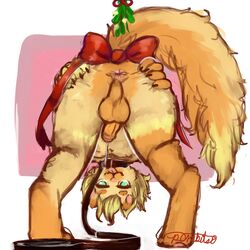 2015 4_fingers :3 anthro anus ass backsack balls biped blep blonde_hair brown_balls brown_fur brown_penis butt_squish claws collar curly_hair digital_media_(artwork) digital_painting_(artwork) digitigrade dipstick_ears dipstick_tail feline first_person_view fluffy fluffy_tail full-length_portrait fur furry_only green_eyes guwu hair half-closed_eyes holding_butt humanoid_penis leaning leaning_forward leash leg_tuft looking_at_viewer looking_through_legs low_res male male_only mammal markings mistletoe multicolored_fur multicolored_tail muzzle_(marking) naked_collar no_humans nude penis perineum petplay pink_anus pink_background pink_tongue plant portrait presenting presenting_anus presenting_hindquarters puffy_anus raised_tail rear_view ribbons roleplay short_hair signature simple_background smile socks_(marking) soft_shading solo sonny_(guwu) spread_anus spread_ass spreading standing tongue tongue_out tuft two_tone_fur white_background yellow_fur