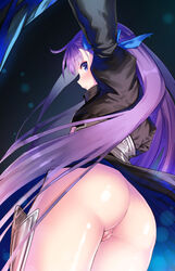 armor ass back bangs blue_eyes blush bottomless commentary_request eyebrows_visible_through_hair fate/grand_order fate_(series) female from_behind hair_ribbon long_hair long_sleeves looking_at_viewer looking_back meltlilith open_mouth purple_hair pussy revealing_clothes ribbon solo standing uncensored very_long_hair yasuyuki