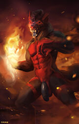 2017 abs angry anthro balls black_eyes black_fur burning canine chunie claws detailed_background digital_media_(artwork) digitigrade facial_markings fire fireball flaccid foreskin fur hair hi_res humanoid_penis looking_at_viewer magic magic_user male male_only mammal markings multicolored_fur muscular muscular_male navel neck_tuft no_sclera nude open_mouth pecs penis pubes red_fur red_markings red_nose saliva smoke solo standing teeth tongue tuft uncut white_fur wolf