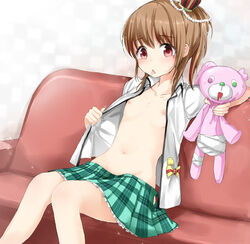 1girls amari_akari blush brown_hair collarbone couch eyebrows eyebrows_visible_through_hair female flat_chest flat_chested girlfriend_(kari) hair_ornament indoors long_hair looking_at_viewer miniskirt no_bra no_panties open_eyes open_shirt red_eyes sakasa shirt small_breasts teddy_bear tongue tongue_out young