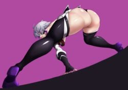 ass assassin_of_black bent_over big_ass fan_(f.w.zholic) fate/apocrypha fate/grand_order fate_(series) female_only fingerless_gloves jack_the_ripper_(fate) petite solo thick_thighs thigh_boots thighhighs thong voluptuous wide_hips