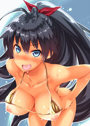 antenna_hair bikini black_hair blue_background blue_eyes blush breasts collarbone cute_fang eyebrows_visible_through_hair female fuyube_rion ganaha_hibiki hanging_breasts highres idolmaster large_breasts long_hair looking_at_viewer micro_bikini nipples ponytail solo swimsuit tan tanline yellow_bikini