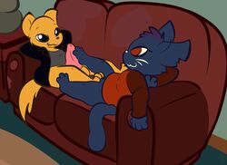 1-upclock anthro balls barefoot canine clothed clothing duo erection feet feline female foot_fetish footjob fox fur gregg_(nitw) jacket mae_(nitw) male mammal night_in_the_woods paws penis pussy red_eyes sex simple_background smile straight toes video_games