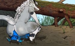absurd_res anal anthro blue_body blue_fur canid canine crouching dialogue dragon duo facesitting fox fur furred_dragon furred_scalie grey_body grey_fur hi_res male male/male mammal messy moan mud mudwuff muffled muffled_moaning mythological_creature mythological_scalie mythology nardoragon oral rimming scalie sex sitting_on_another white_body white_fur