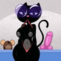 1:1 2025 anthro areola black_body black_fur blossom_(fetch_with_ruff_ruffman) breasts cat_toy clothing dildo domestic_cat eyewear felid feline felis female fetch!_with_ruff_ruffman fur glasses grey_body grey_fur half-closed_eyes hi_res lonbluewolf looking_at_viewer mammal motion_lines narrowed_eyes navel nipples one-piece_swimsuit pbs pink_nose sex_toy sling_bikini solo swimwear whiskers