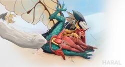absurd_res anal anal_sex back_wings big_penis bodily_fluids claws cum cum_in_ass cum_inside detailed detailed_scales dragon duo egyptian ejaculation equid equine erection female female_penetrated feral fur genital_fluids genitals gold_(metal) green_body haral hi_res horse lying male male/female male_penetrating male_penetrating_female mammal mythological_creature mythological_scalie mythology o-ba'et on_side penetration penile penile_penetration penis penis_in_ass red_body scales scalie sex simple_background wings