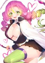 1girls blush braid breasts cleavage demon_slayer female female_only green_eyes green_legwear green_socks green_thighhighs haori human kanroji_mitsuri kimetsu_no_yaiba legs legwear no_bra pink_hair pleated_skirt skirt smile socks solo sword thigh_socks thighhighs thighs