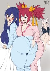 2d 3girls artist_name ashamed blue_eyes blue_hair blue_hair_female breast_size_difference breasts brown_eyes carla_(fairy_tail) cat_ears cat_girl cat_tail catgirl chelia_blendy cleavage color colored crossed_legs embarrassed_female erect_nipples fairy_tail fangs female female_only grabbing_another's_ass hand_on_ass hand_on_chin huge_ass huge_breasts inside kodansha large_breasts long_hair looking_at_another nipple_bulge nipples_visible_through_clothing observing pajamas pink_hair pink_hair_female playful_smile sharp_teeth sherria_blendy sitting_on_bed small_breasts smug_expression teasing thegoldensmurf thick_thighs tied_hair twintails wendy_marvell white_hair white_hair_female wholesome yuri