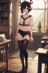 ai_generated antlers beach black_hair elf_ears eye_contact female gloves pixie_cut red red_eyes red_gloves seductive_expression short_hair smirk smug_expression stripper teasing usebackdooronly