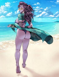 1girls 2017 alternate_costume ass beach big_ass big_breasts bikini blizzard_entertainment breasts cleavage cote_d'azur_widowmaker female female_only looking_at_viewer looking_back overwatch purple_hair purple_skin renx solo sunglasses widowmaker yellow_eyes