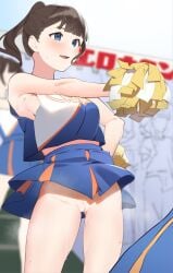armpits blue_skirt blunt_bangs blush breasts brown_hair censored cheerleader commentary_request cropped_shirt female highres hitotachi_(gysx3378) holding holding_pom_poms medium_breasts midriff miniskirt mosaic_censoring no_panties original people pom_pom_(cheerleading) ponytail pussy shirt skirt sleeveless sleeveless_shirt smile solo_focus sweat upskirt