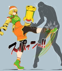 1boy 1girls arm_cannon arms_(game) ballbusting bare_calves beanie bike_shorts blonde_hair calves cbt chinese_clothes cock_and_ball_torture crotch_kick female femdom food fully_clothed green_eyes hat highres legwear_under_shorts mask min_min_(arms) nintendo noodles shoes shorts sneakers socks spacezin tamakeri teenager testicles weapon x-ray