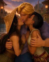 1boy 2girls ai_generated black_hair blonde_hair dark-skinned_female dark_skin disney group_kiss group_kissing interracial john_smith kissing light-skinned_male light_skin namaari pocahontas raya_(ratld) raya_and_the_last_dragon tagme tan_skin tongue_kiss triple_kiss video