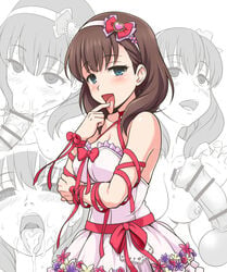 :>= arm_ribbon bar_censor bare_shoulders blue_eyes blush breasts brown_hair censored choker collarbone cum cum_in_mouth dress eyebrows_visible_through_hair facial fellatio female finger_to_mouth finger_to_tongue flower foreskin foreskin_pull frilled_dress frills hairband head_tilt heart idolmaster idolmaster_cinderella_girls looking_at_viewer looking_up medium_breasts multiple_views nipples open_mouth oral partially_colored penis precum red_ribbon ribbon sakuma_mayu sleeveless sleeveless_dress strapless strapless_dress sweat testicles tongue tongue_out topless white_background youkan