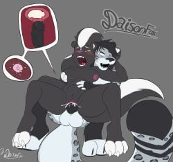 absurd_res anthro blush bodily_fluids breasts circumcised cum cum_in_vagina cum_inside daison_the_fox female fluffy fluffy_tail from_behind_position genital_fluids genitals hi_res humanoid_genitalia humanoid_penis impregnation male male/female mammal mephitid ovum paws penetration penis pussy sex simple_background skunk tail uterus vaginal_penetration watermark
