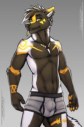 5_fingers boxer_briefs bulge canine claws clothed clothing ear_piercing jewelry male male_only mammal necklace partially_clothed pawpads piercing simple_background tattoo tsaiwolf underwear wolf