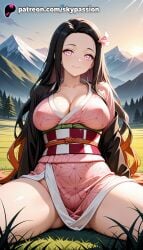 1girls 2025 ai_assisted ai_generated anime artist_name bamboo big_breasts big_chest bit_gag black_hair breast breasts bust busty checkered checkered_obi chest cloud day demon_slayer explicit female forehead gag gradient_hair grass hair_ribbon haori hi_res high_quality high_resolution highres horizon japanese_clothes kamado_nezuko kimetsu_no_yaiba kimono lake large_breasts legs_apart legs_spread long_hair looking_at_viewer mountain multicolored_hair nezuko_kamado no_panties obi ocean off_shoulder on_grass open_clothes open_legs orange_hair outdoors patreon patreon_username pink_eyes pink_kimono pink_ribbon ribbon river sash sitting sky skypassion smile solo splayed_legs spread_legs stable_diffusion sunlight thighs tree two-tone_hair very_long_hair watermark