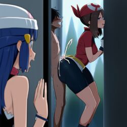1boy 2girls ai_generated ass assertive_female assjob bigger_female bike_shorts bouncing_ass buttjob censored_penis covered_assjob covered_buttjob cuckquean cum cum_on_ass dawn_(pokemon) female huge_ass large_ass male may_(pokemon) may_buttjob multiple_girls nintendo outercourse penis pokemon standing_sex taller_girl thick_ass thick_thighs tight_shorts