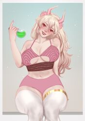 1girls belly_button blush bnvt breasts bruneian bruneian_vtuber cleavage elf_ears female female_only flower_in_hair fuuwafu_(bnvt) gold_hair headband holding_potion horns jakkel_draws knitted_top large_breasts large_thighs legs_together long_hair one_arm_behind_back pink_bra pink_eyes pink_fingernails pink_flower pink_horn pink_underwear pointy_ears potion potion_bottle sitting smiling_at_viewer thick_thighs thighhighs underboob white_thighhighs