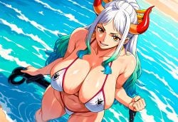 1girls ai_generated alternate_costume bangs bare_shoulders big_breasts bikini blue_hair breasts brown_eyes cleavage clothed clothing collar collarbone curvy day demon ear_piercing earrings eyelashes female female_focus female_only gradient_hair hi_res highleg highleg_swimsuit highres hips hoop_earrings horn horned_humanoid horns human humanoid large_breasts leopard_print light-skinned_female light_skin lips long_hair looking_at_viewer micro_bikini multicolored_hair navel nipple_bulge nipples_visible_through_clothing one_piece oni oni_horns orange_eyes outside parted_bangs pinup plant ponytail pool revealing_clothes sideboob simple_background skimpy smile solo solo_female swimsuit teal_hair thick_thighs thighs tied_hair tree two_tone_hair underboob voluptuous water wet white_hair wide_hips yamato_(one_piece) yokai