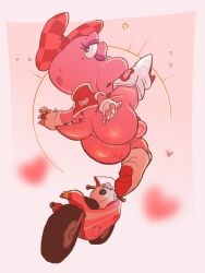 2025 3:4 anthro ass balls big_butt birdo birdo_(character) birdo_(pro_racer) boots bow_ribbon bubble_butt butt_focus capcognito clothing diamond_(gem) diamond_ring eyelashes eyeshadow fingerless_gloves footwear futanari gem genitals gloves handwear heart_symbol hi_res high_heeled_boots high_heels intersex jacket jewelry makeup mario_bros mario_kart mario_kart_world mole_under_eye motorcycle nintendo one_eye_closed pink_body presenting presenting_hindquarters reptile ring_(jewelry) scalie shoes solo spikes spikes_(anatomy) thick_thighs topwear trans_(lore) trans_woman_(lore) vehicle wink