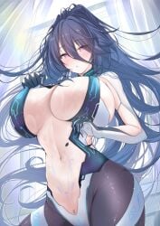 azur_lane black_hair blue_hair blush bodysuit breasts cg cleavage elbow_gloves female gloves hair_between_eyes huge_breasts kansas_(azur_lane) large_breasts long_hair looking_at_viewer navel pantyhose parted_lips ponytail pubic_tattoo purple_eyes skin_tight solo stomach symbol-shaped_pupils tattoo very_long_hair window