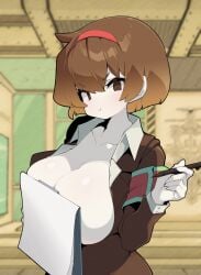 1girls armband breasts breasts_out brown_eyes brown_hair clavicle clipboard covering_breasts female large_breasts lobotomy_corporation looking_at_viewer malkuth_(lobotomy_corporation) pale_skin project_moon smiling smiling_at_viewer solo white_skin
