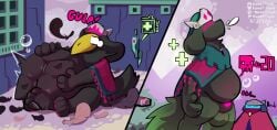 1_eye 2_panel_comic after_vore almost_fully_inside alternate_species animal_genitalia animal_penis anthro armor avian beak black_body black_fur blu_(hyper_light_drifter) blue_body blue_skin bodily_fluids bruh canid canine canine_genitalia canine_penis cloak_only crying digestion duo fatal_vore feathers fully_inside fur gameplay_mechanics genitals glowing glowing_eyes glowing_genitalia glowing_penis group gulp_(sound_effect) gun handgun headgear healing heart_machine helmet hi_res howzit_(character) howzit_toyah humanoid hyper_light_drifter machine magenta_pawpads magenta_penis male mammal mass_vore mountain_background multiple_prey oral_head_gulp oral_vore penis penis_tip pistol ranged_weapon robot rumbling_stomach shadow_creature sheath skull_symbol swallowing tassels tears the_drifter_(hyper_light_drifter) tight_bulges unimpressed vore weapon yellow_beak