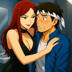 1boy1girl ai_generated anime anime_girl anime_style babe big_breasts black_dress breasts brown_hair_male busty casual_clothes cleavage crossover crossover_shipping curvy_figure dress embarrassed fantasy female fighting_game fuuka_(naruto) headband imminent_kiss indoors king_of_fighters kunoichi lipstick lovely male naruto naruto_shippuden night_club older_female_and_younger_male party_dress red_hair_female seductive sexy shingo_yabuki snk sweating_profusely toilet video_game_character video_game_franchise video_games villainess_on_hero