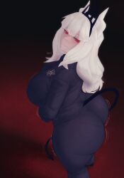 clothed helltaker horns huge_ass lucifer_(helltaker) panties panty_lines red_eyes suit white_hair wishiastar