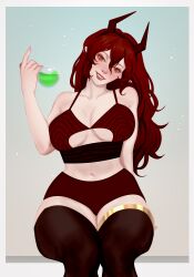 1girls belly_button black_thighhighs blush bnvt breasts bruneian bruneian_vtuber cleavage elf_ears female female_only fuuwafu_(bnvt) headband holding_potion horns jakkel_draws knitted_top large_breasts large_thighs legs_together long_hair one_arm_behind_back orange_eyes pink_fingernails pointy_ears potion potion_bottle red_bra red_hair red_horns red_underwear sitting smiling_at_viewer thick_thighs thighhighs underboob