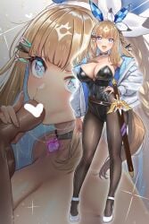 1boy 1girl absurdres almond_eye_(umamusume) animal_ears asdkd123 black_bow black_choker black_leotard black_pantyhose blue_eyes blue_hair bow braid breasts brown_hair censored choker cleavage colored_inner_hair commentary_request covered_navel cum cum_string fellatio full_body hair_bow hair_ornament hairclip hand_on_own_hip heart heart_censor heart_pendant hetero high_heels highres horse_ears horse_girl jacket large_breasts leotard multicolored_hair off_shoulder oral pantyhose pendant_choker playboy_bunny shoes side_braid strapless strapless_leotard sword umamusume weapon white_jacket white_shoes