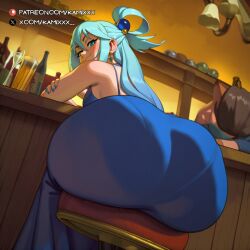 ai_generated aqua_(konosuba) ass ass_focus back_view bare_thighs big_ass big_butt blue_dress blue_eyes blue_hair fat_ass female gigantic_ass goddess hair_bun huge_thighs kamixxx kono_subarashii_sekai_ni_shukufuku_wo! light-skinned_female light_skin long_hair looking_back low-angle_view massive_ass panties_visible_through_clothing rizdraws_(ai_style) smiling solo_female squatting sweat sweatdrop thick_body thick_female thick_thighs thighs voluptuous voluptuous_female