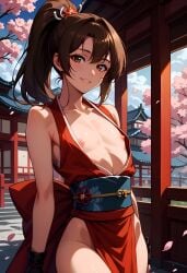 ai_generated bare_chested brown_hair fatal_fury femboy genderswap_(ftm) hakama mai_shiranui male sissydavid smile snk trap