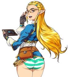 1girls alone ass big_ass blonde blonde_hair braided_hair breath_of_the_wild bubble_butt dat_ass eyewear female female_only fukiishi_ayako glasses hips holding_glasses long_hair looking_back nintendo no_pants open_mouth panties pointy_ears princess_zelda simple_background solo solo_female spankable striped_panties tagme teeth the_legend_of_zelda thighs tongue white_background yakibuta_(shimapow) zelda_(breath_of_the_wild)