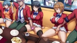 4boys 4girls advanced_nurturing_high_school_uniform black_hair black_thighhighs blazer blue_bow blue_bowtie blue_hair booth_seating bow bowtie braid breasts brown_hair brown_panties collared_shirt commentary_request daiaru female garter_straps green_pants hairband hand_in_another's_panties hand_in_panties horikita_suzune ibuki_mio jacket kushida_kikyou large_breasts long_hair long_sleeves male multiple_boys multiple_girls panties pants pink_panties pleated_skirt public_indecency purple_eyes red_eyes red_jacket remote_control_vibrator ribbon sakayanagi_arisu school_uniform sex_toy shirt short_hair single_braid skirt smile stealth_fingering straight striped_clothes striped_panties thighhighs underwear vibrator vibrator_under_clothes vibrator_under_panties white_garter_straps white_panties white_shirt white_skirt white_thighhighs youkoso_jitsuryoku_shijou_shugi_no_kyoushitsu_e