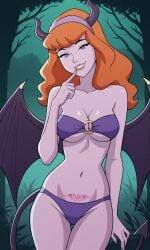 ai_generated ass bigmic145 bikini breasts cartoon_network cleavage colored_skin daphne_blake daphne_blake_(mystery_incorporated) demon demon_girl demon_horns demon_tail demon_wings femal female o-ring o-ring_bikini pubic_tattoo purple_skin red_hair scooby-doo scooby-doo!_mystery_incorporated succubus succubus_horns succubus_tail succubus_wings tattoo tease teasing underboob